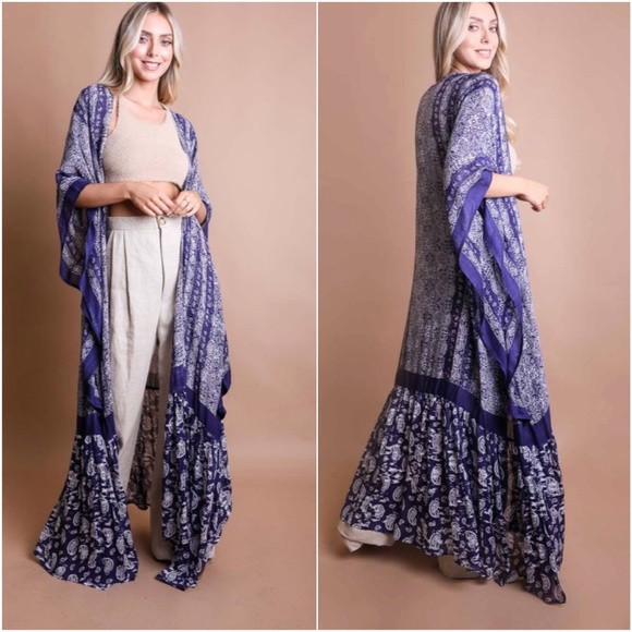 Bohemian Gypsy Purple Paisley Ruffle Long Kimono Cover up - Picture 6 of 6